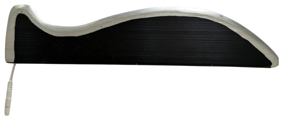One of the earliest MyoWorks prototypes — a hand-finished blade with its electrode lead