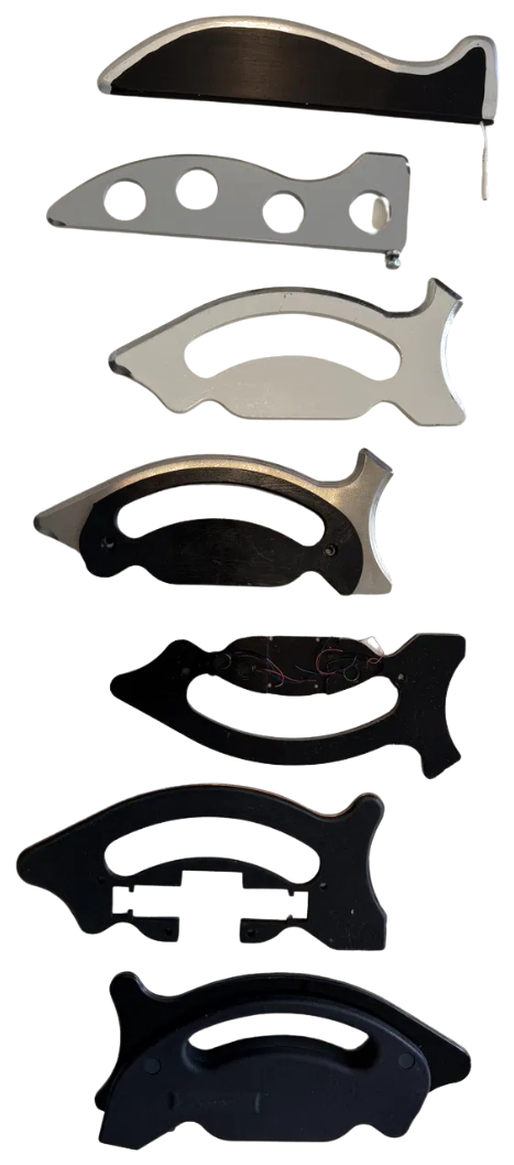 The evolution of MyoWorks, from the first raw prototype at top to the finished MyoOne at bottom